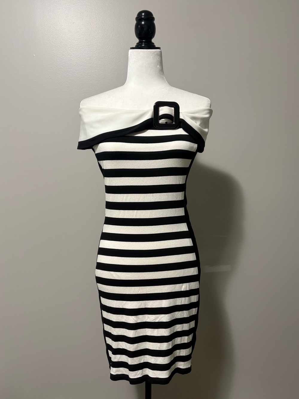 Frank Lyman Off the Shoulder Sleeveless Striped Bodycon Black White Dress